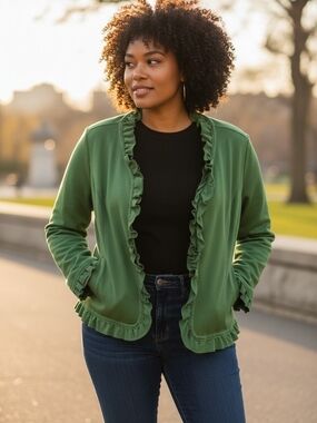 INC International Concepts Spring Green Ruffle-Edged Zipper Jacket